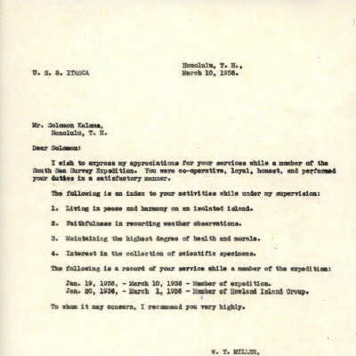 Letter from W.T. Miller to Solomon Kalama