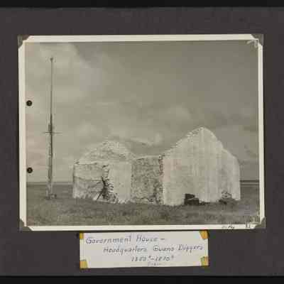 Image of a structure on Baker Island with caption, "Government House - Headquarters Guano Diggers 1850 - 1870"