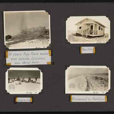 Images of men transporting supplies from the beach to their campsite