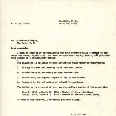 Letter from W.T. Miller to Alexander Kahapea