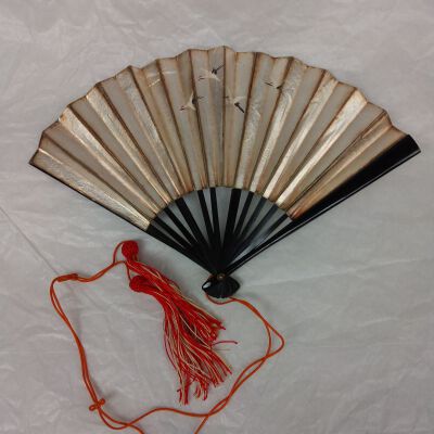 Rice Paper and Lacquer Fan with Tassels and Box