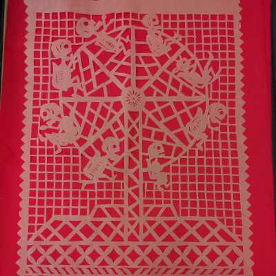 Orange Papel Picado- Skeleton People on a Wheel