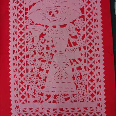 Skeleton woman with hat, fan, and purse surrounded by flowers- Papel Picado
