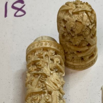 #2: Heavily carved bone netting tools case. Deep carvings with flowers and birds