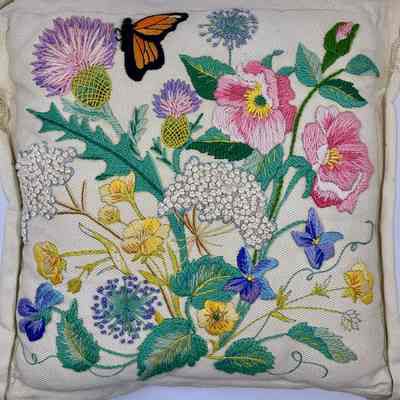 Crewelwork Embroidered Pillow with Flowers and Butterflies