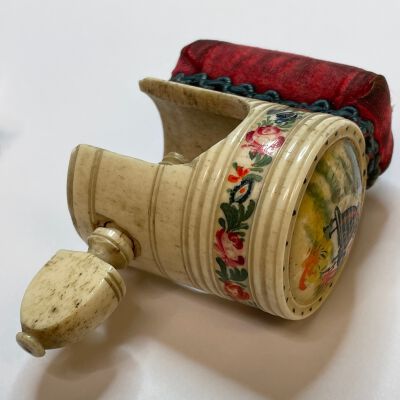 #2: Carved bone workbox pin cushion clamp