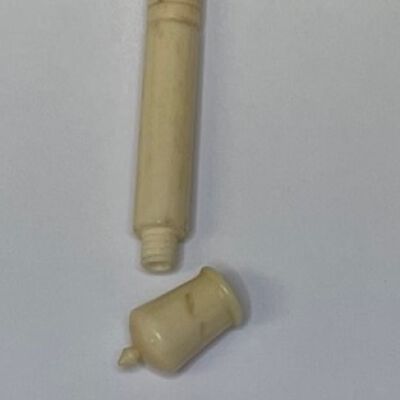 #2: Tambour handle with a simple carving and lovely cap with a petite finial. The brass top secures a hook, which is missing,   as are the additional hooks that would have been stored within the cavity of the handle