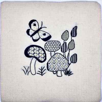 Blackwork and Goldwork with Mushrooms and Butterfly