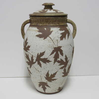 Lidded Brown/White Leaf Vase