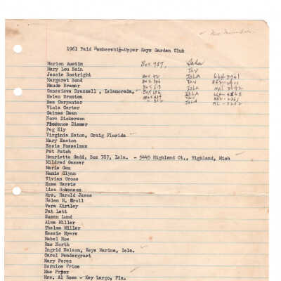 1961 Upper Keys Garden Club Membership List