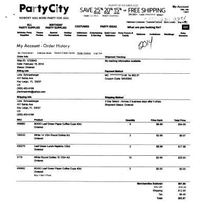 Party City Receipts 2014