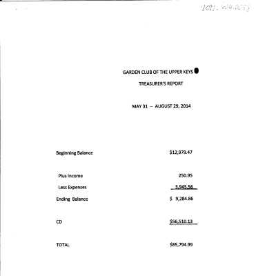 GCUK Treasurer's Report May 31-Aug 29 2014
