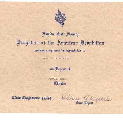 Florida State Society Daughter of Revolution Recognize Mrs. "K" Wilkinson