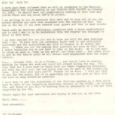 Confirmation of FLORIDA KEYS CHAPTER, October 1983