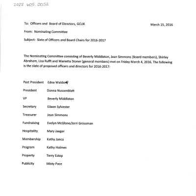 Slate of Officers and Board Chairs for 2016-2017