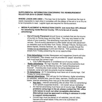 Supplemental Information Concerning TDC Reimbursement Rules for 2014-2015 Grant Period