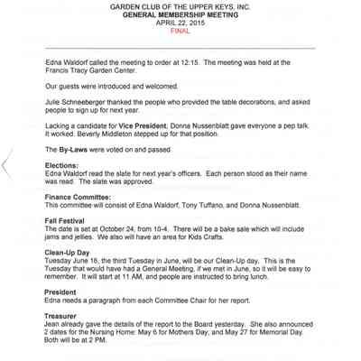 Minutes of the General Membership Meeting from April 22, 2015