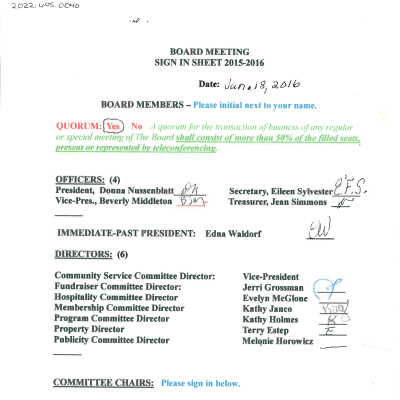 January 18, 2016 Board of Directors Meeting Sign In and Minutes