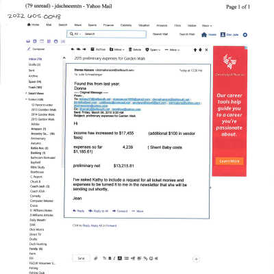 2016 Forwarded Email about 2015 Preliminary Expenses Garden Walk