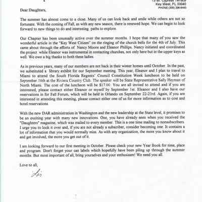 Letter from Regent, Lois E. Arcuni to Chapter Members, 1995