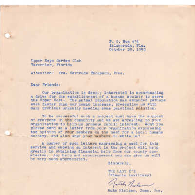 Letter from The Lady K's (Kiwanis Auxiliary) - October 29th, 1959