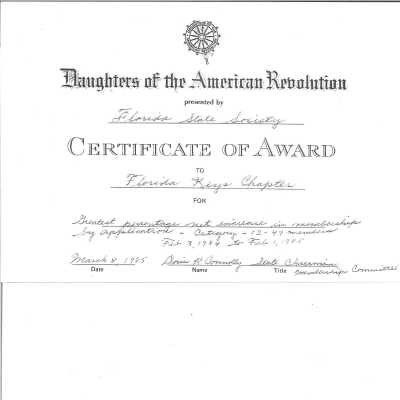 Certificate of Award by the Florida State Society, 1984-1985
