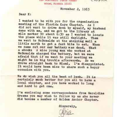 Letter to Katherine Wilkinson from Regent, Gloria, Golden Anchor Chapter, 1983