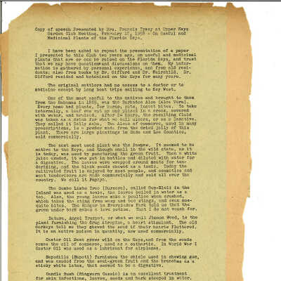 Speech presented by Francis Tracy on Medicinal Plants of the Florida Keys - Feb 18th, 1958 + Newspaper Clipping