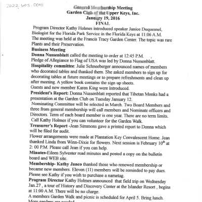 General Membership Meeting Minutes January 19, 2016