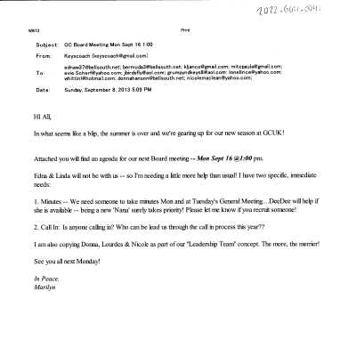 Email of Sept 16 2013 Board Meeting Agenda
