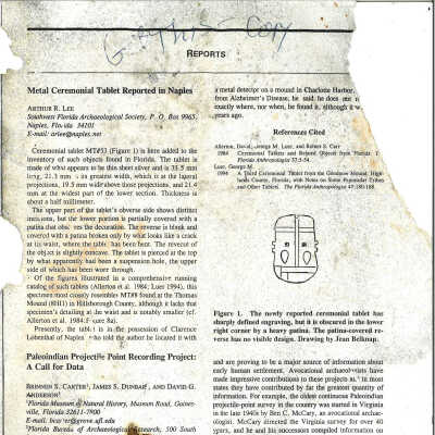Reports (Metal Ceremonial Tablet Reported in Naples)(Paleoindian Projectile Point Recording Project: A Call for Data)