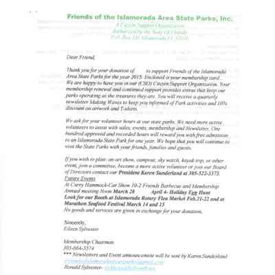 Letter from the Friends of the Islamorada Area State Parks