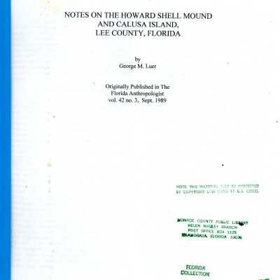 Notes on the Howard Shell Mound and Calusa Island, Lee County, Florida