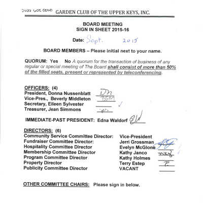 September 2015 Board Meeting Sign In Sheet