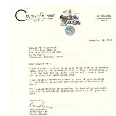 Letter from Mayor Ken Sorensen to Katherine Wilkinson, 1984