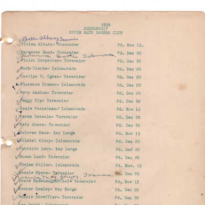 1956 Upper Keys Garden Club Membership List
