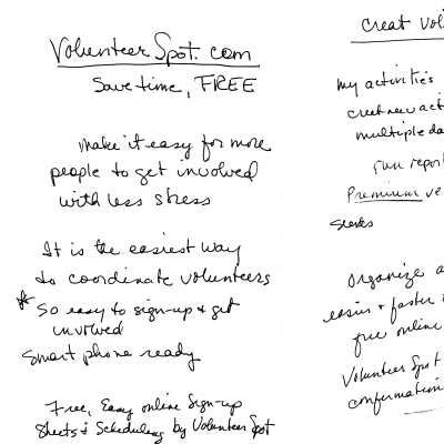 Handwritten Volunteerspot.com notes