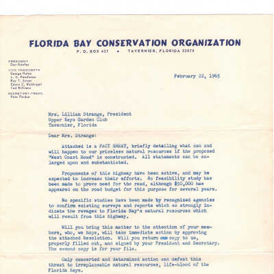 Letter from Florida Bay Conservation Organization - February 22nd, 1965