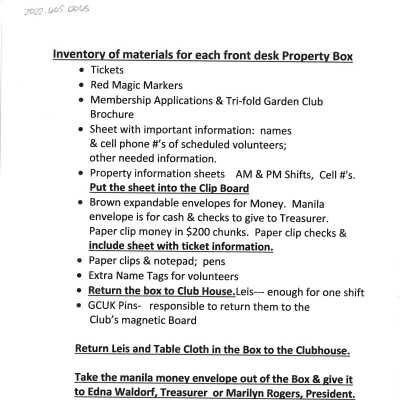 Inventory of Materials for each front desk Property Box