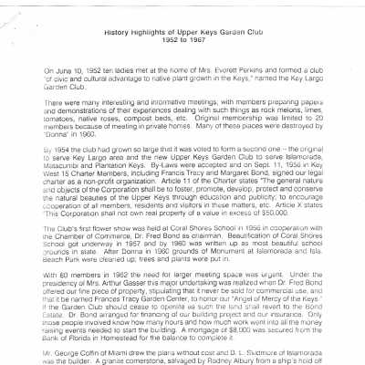 Printed copy of "History Highlights of the Upper Keys Garden Club 1952 to 1967"