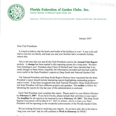 Florida Federation of Garden Clubs - Letter to Club Presidents
