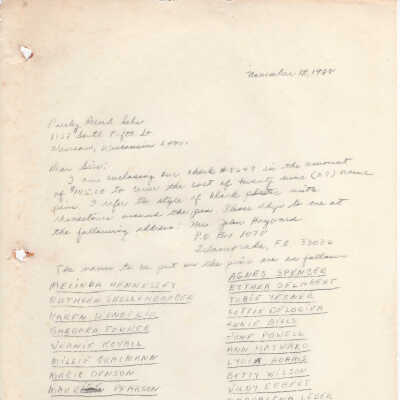 Letter Accompanying Check for Name Pins