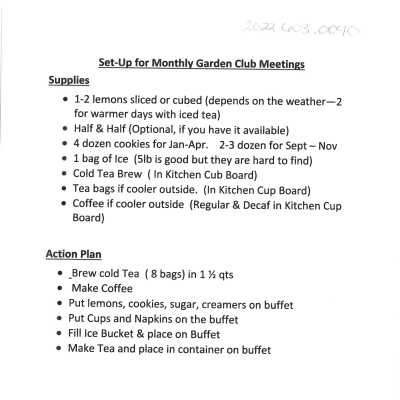 Set-Up for Monthly Garden Club Meetings