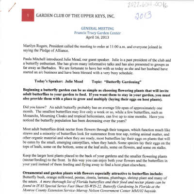 April 16, 2013 General Meeting minutes and Julie Mead's Butterfly Gardening speech