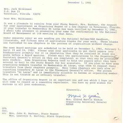 Appointment of Organizing Regent - Mrs. Jack Wilkinson, 1981