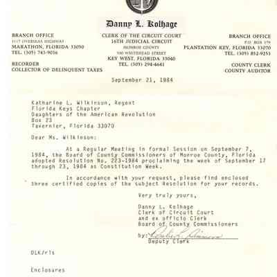 Letter from Danny L. Kolhage to Katherine Wilkinson, 1984