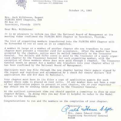 Approval Letter for Chapter's Organization from Mrs. James Edward Clyde, 1983
