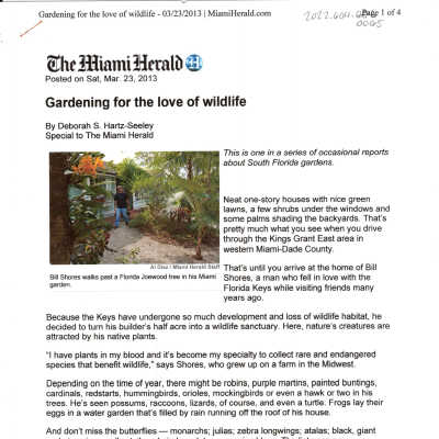 The Miami Herald Article "Gardening for the love of wildlife"