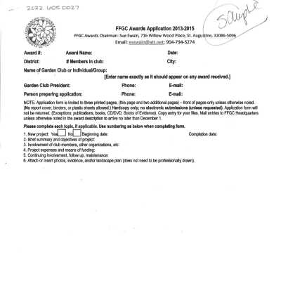 Florida Federation of Garden Clubs Awards Application for 2013-2015