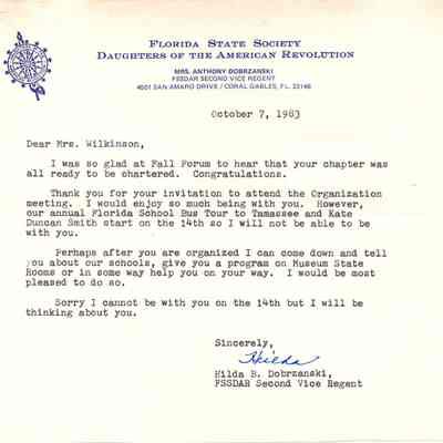 Letter to Mrs. Wilkinson from Hilda Dobrzanski/Organization Meeting, 1983